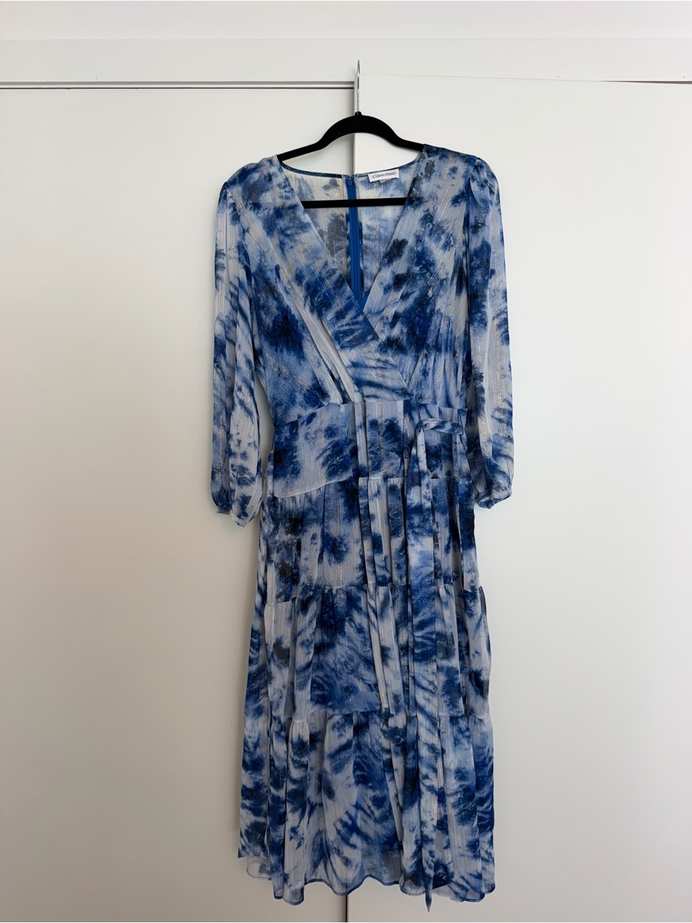 Calvin Klein Blue Tie-Dye Midi Dress with Front Tie